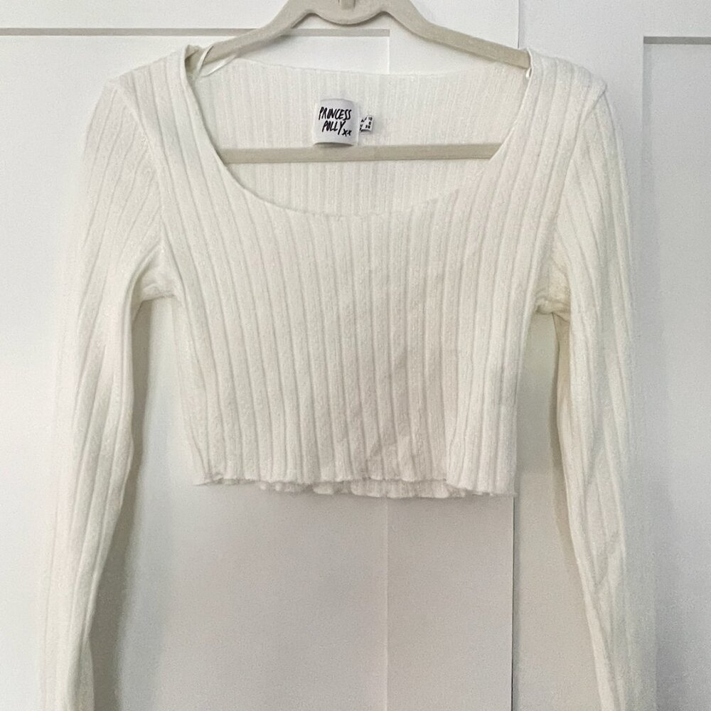 Princess Polly White Ribbed Long Sleeve Square Neck Crop Top-Size 6